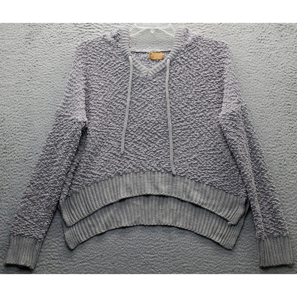 POL Popcorn Chenille Hooded Sweater Womens S Gray High Low Slit Drawstring POL15
